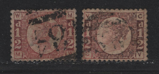 Lot 81 Great Britain (C) SG#48 1/2d Rose Red, 1870 Line Engraved Issue, 2 Fine Used Singles, Plates 6 & 8