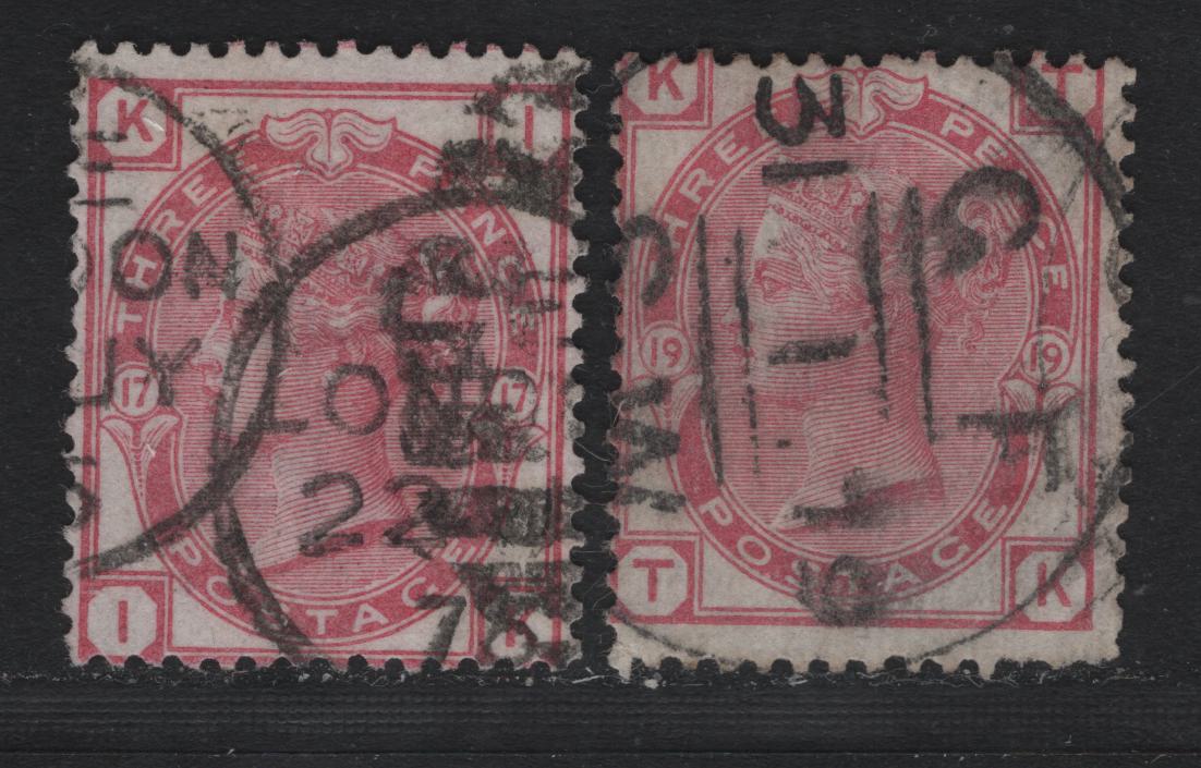Lot 86 Great Britain SG#143 3d Rose & Pale Rose, 1873-1880 Queen Victoria Surface Printed Issue, 2 Fair/Fine Used Singles, Plates 17 & 19, Spray of Rose Wmk, Small Corner Crease At LR Corner.