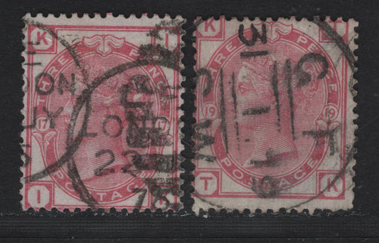 Lot 86 Great Britain SG#143 3d Rose & Pale Rose, 1873-1880 Queen Victoria Surface Printed Issue, 2 Fair/Fine Used Singles, Plates 17 & 19, Spray of Rose Wmk, Small Corner Crease At LR Corner.