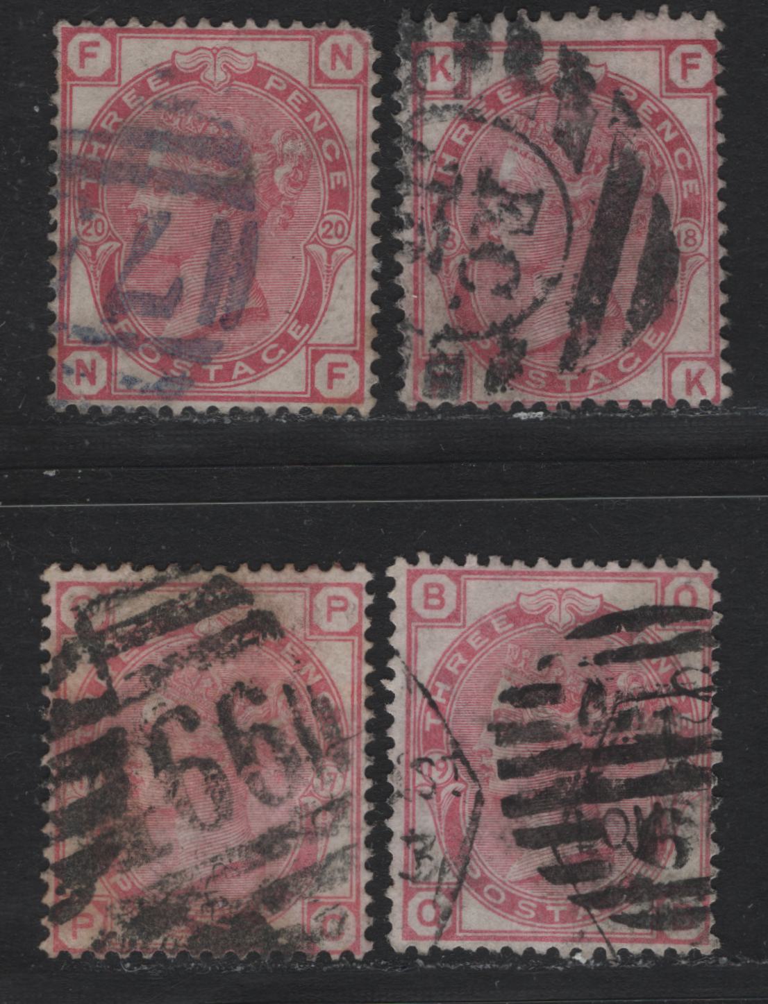 Lot 87 Great Britain SG#143-144 3d Rose - Pale Rose, 1873-1880 Queen Victoria Surface Printed Issue, 4 Good/Very Good/Fine Used Singles, Plates 17-20, Spray of Rose Wmk
