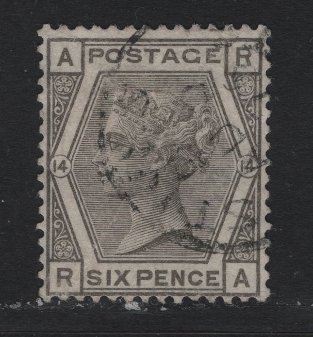 Lot 87A Great Britain SG#147 6d Gray, 1873-1880 Queen Victoria Surface Printed Issue, A Fine Used Single, Plate 14, Light Diagonal Crease, Light Cancel For This Value.