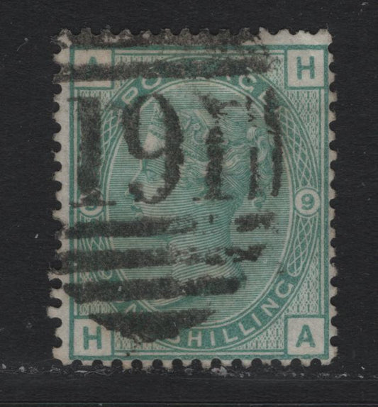 Lot 88 Great Britain SG#150 1/- Green, 1873-1880 Queen Victoria Surface Printed Issue, A Fine Used Single, Plate 9, Spray of Rose Wmk, Large Colored Corner Letters.