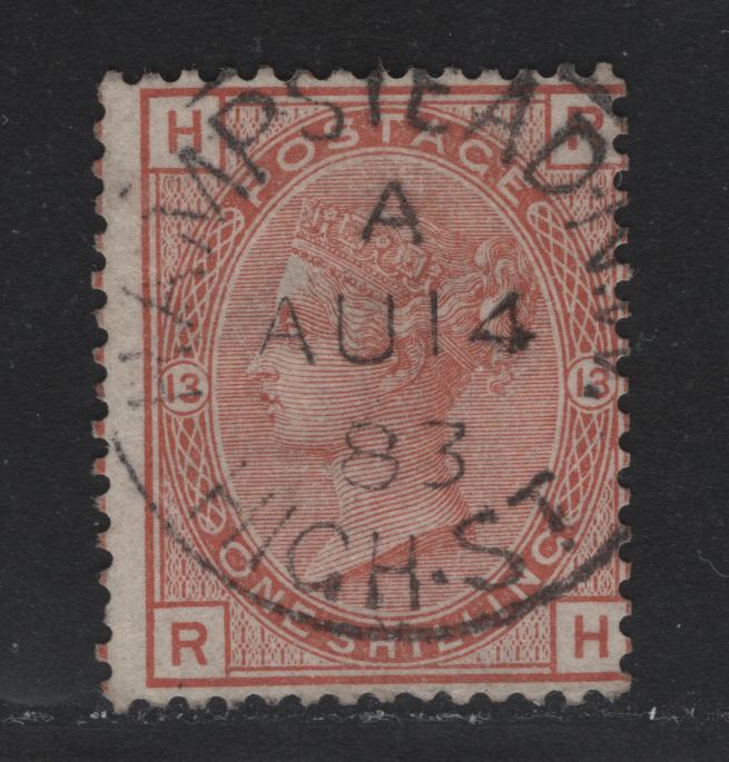 Lot 99 Great Britain SG#163 1/- Orange Brown, 1880-1883 Queen Victoria Surface Printed Issue, A Very Good Used Single, Plate 13, Imperial Crown Wmk, August 14 1883 Hampstead High Street Cancel.