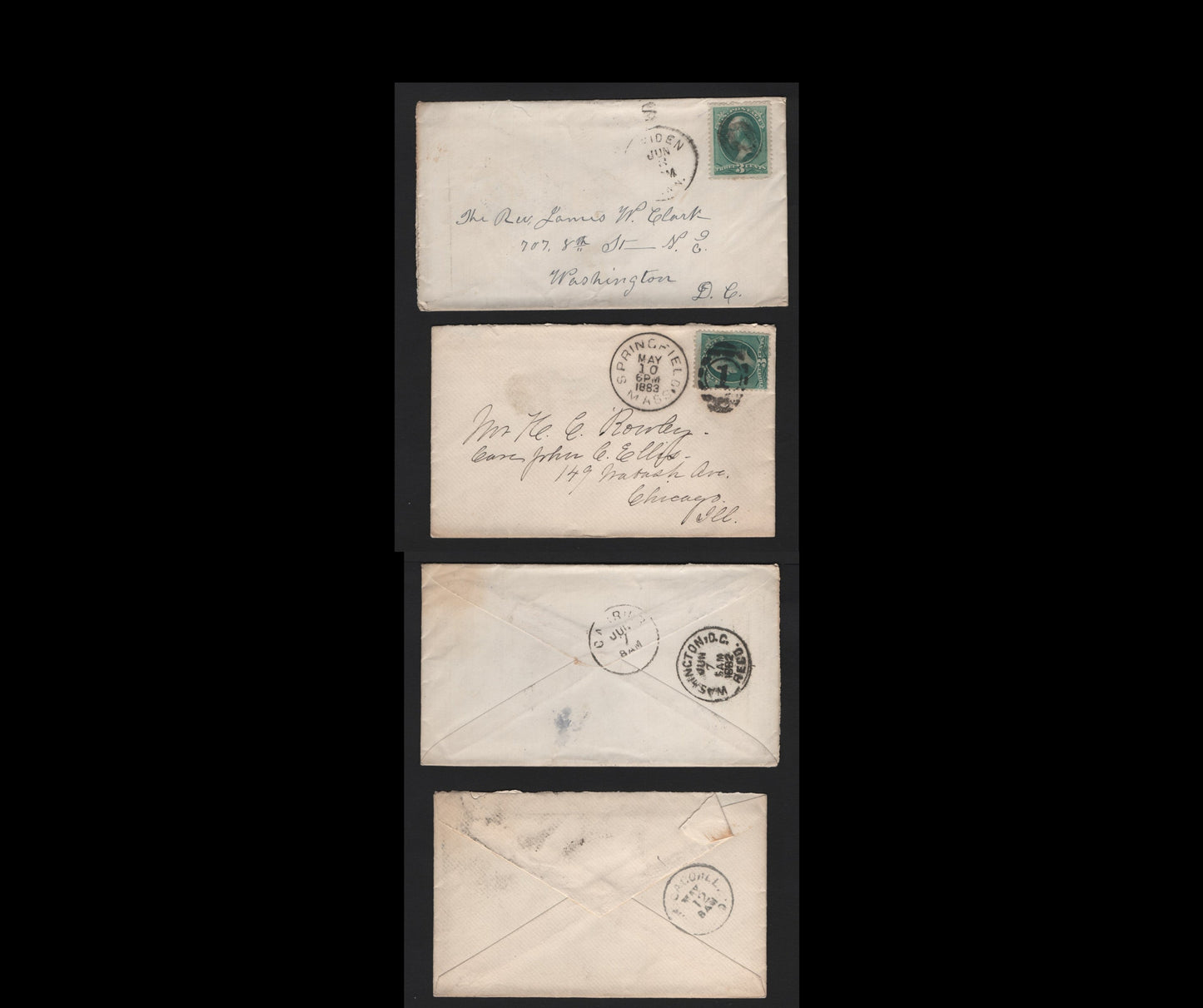 Lot 100 United States SC#207 3c Blue Green , 1881-1882 American Banknote Printing Issue, 2 Fine/Very Fine Used Covers, Tied By Standard Springfield Numeral Duplex & Meriden CT Smudge Duplex