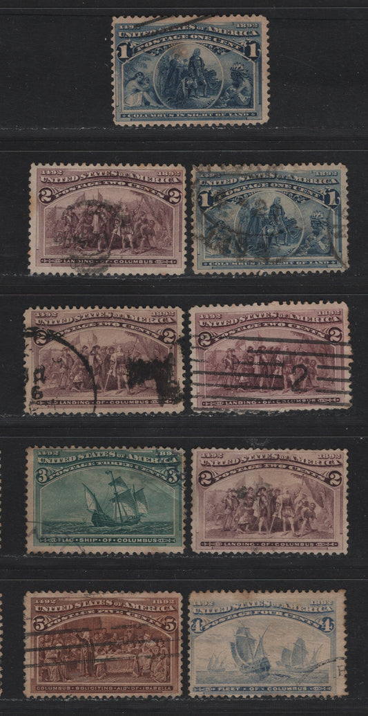Lot 108 United States SC#230-234 1c - 5c Blue - Chocolate , 1893 Columbian Exposition Issue, 9 Fine Used Singles