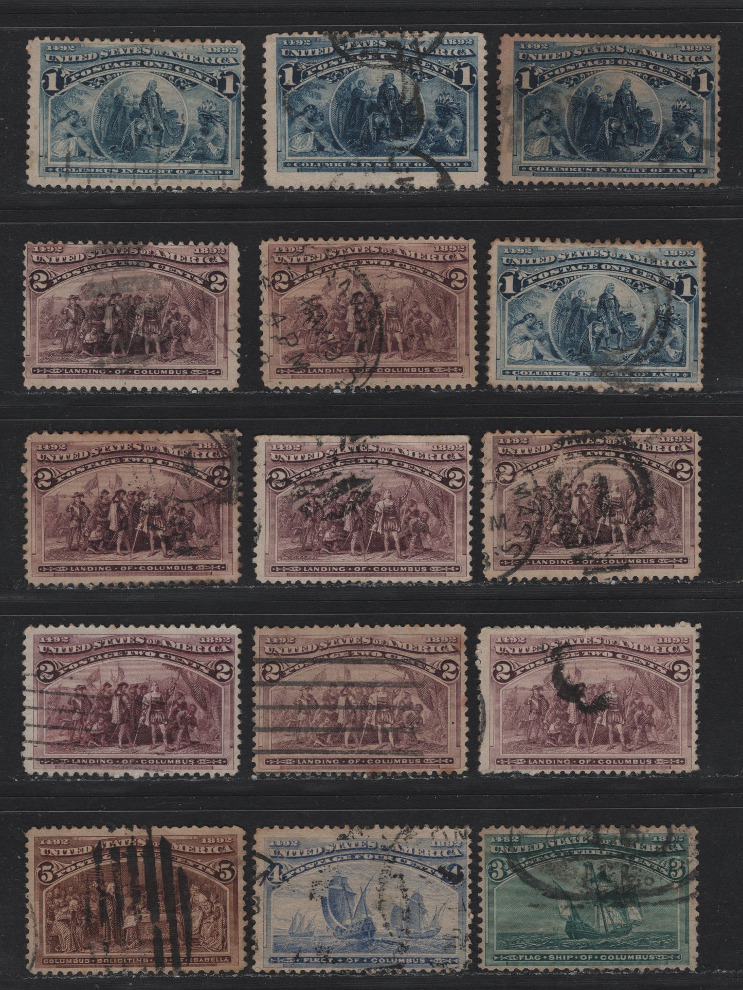 Lot 109 United States SC#230-234 1c - 5c Blue - Chocolate , 1893 Columbian Exposition Issue, 15 Fine Used Singles
