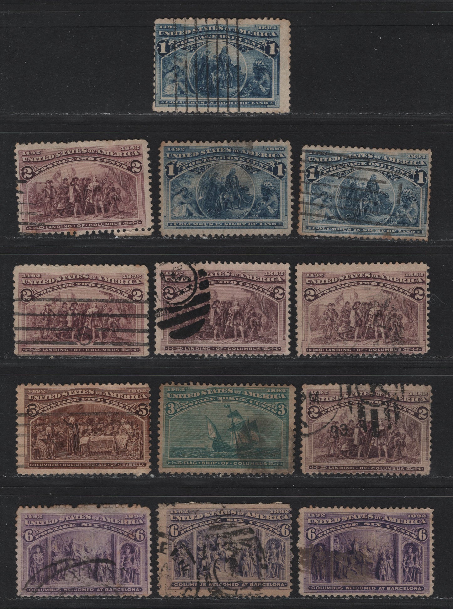Lot 112 United States SC#230-232, 234-235 1c - 5c Deep Blue - Chocoalte , 1893 Columbian Exposition Issue, 13 Very Good Used Singles, A Few With Shallow Thins or Creases