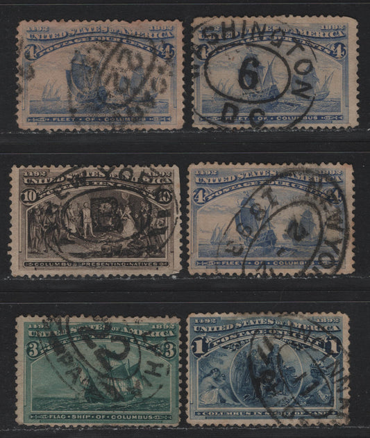 Lot 113 United States SC#230, 232-233, 237 1c - 10c Deep Blue - Black Brown , 1893 Columbian Exposition Issue, 6 Very Good Used Singles, Oval Registry Cancels Including New York, Cincinatti, Philadelphia, Chicago & Washington DC