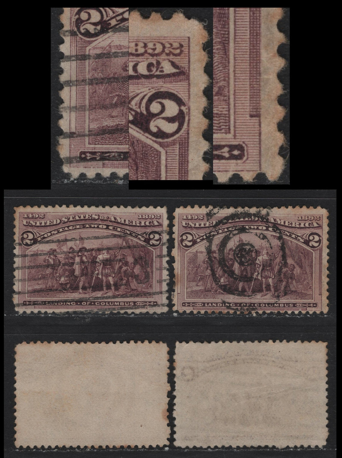 Lot 62 United States SC#231var 2c Brown Purple , 1893 Columbian Exposition Issue, 4 Very Good/Fine Used Singles, Showing 2 Different Major Re-Entries