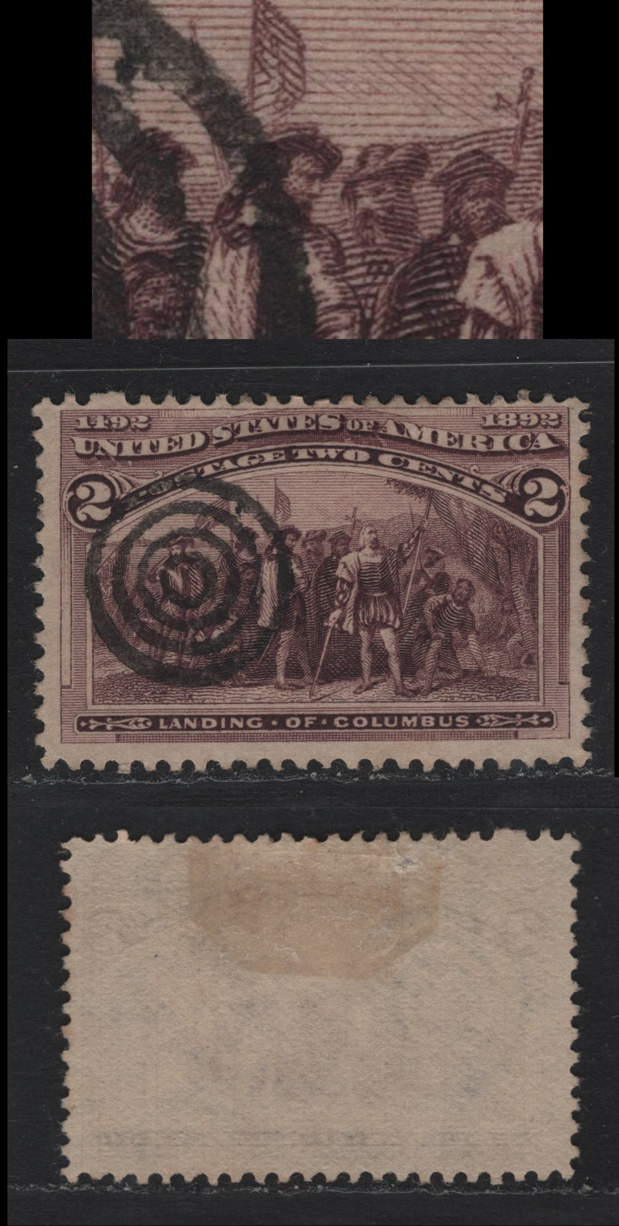 Lot 119 United States SC#231var 2c Deep Brown Violet , 1893 Columbian Exposition Issue, A Fine Used Single, Broken Hat Variety, Perfect Strike Of 5-Ring Concentric Target Cancel
