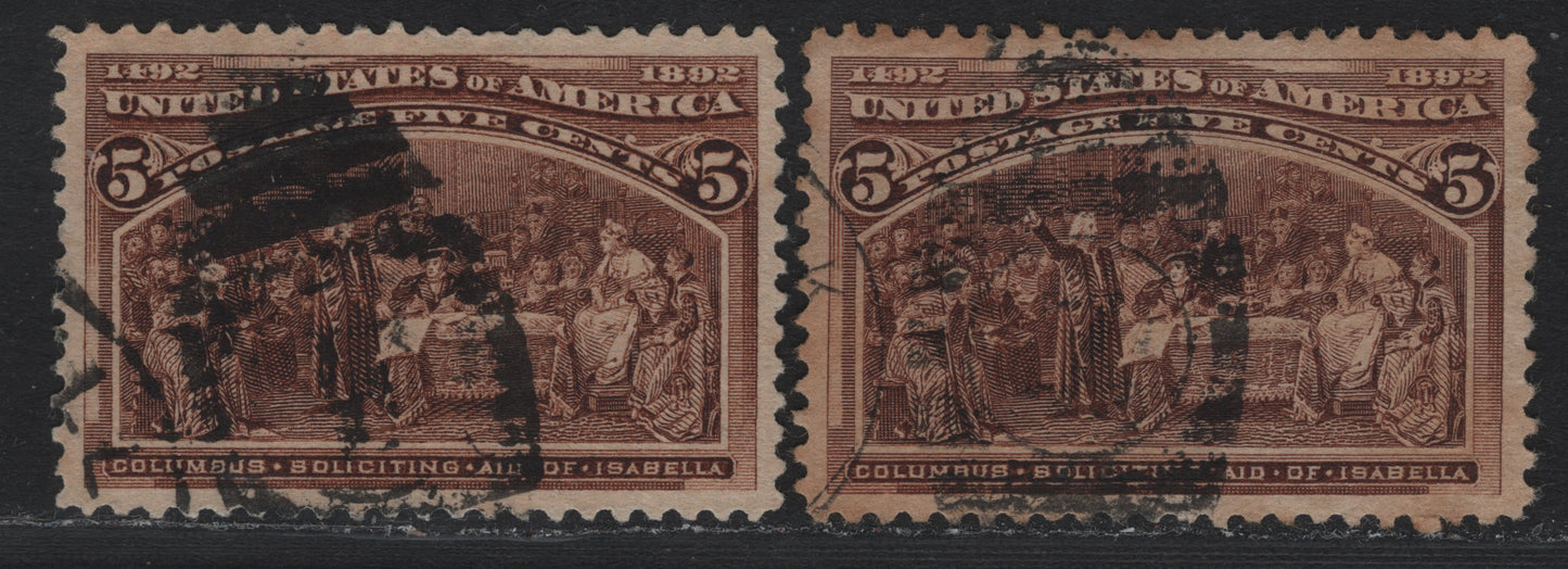 Lot 124 United States SC#234 5c Chocolate & Yellowish Chocolate , 1893 Columbian Exposition Issue, 2 Very Fine Used Singles, Large Marginal Used Examples, Horizontal Wove Paper, Numeral Duplex Cancels.