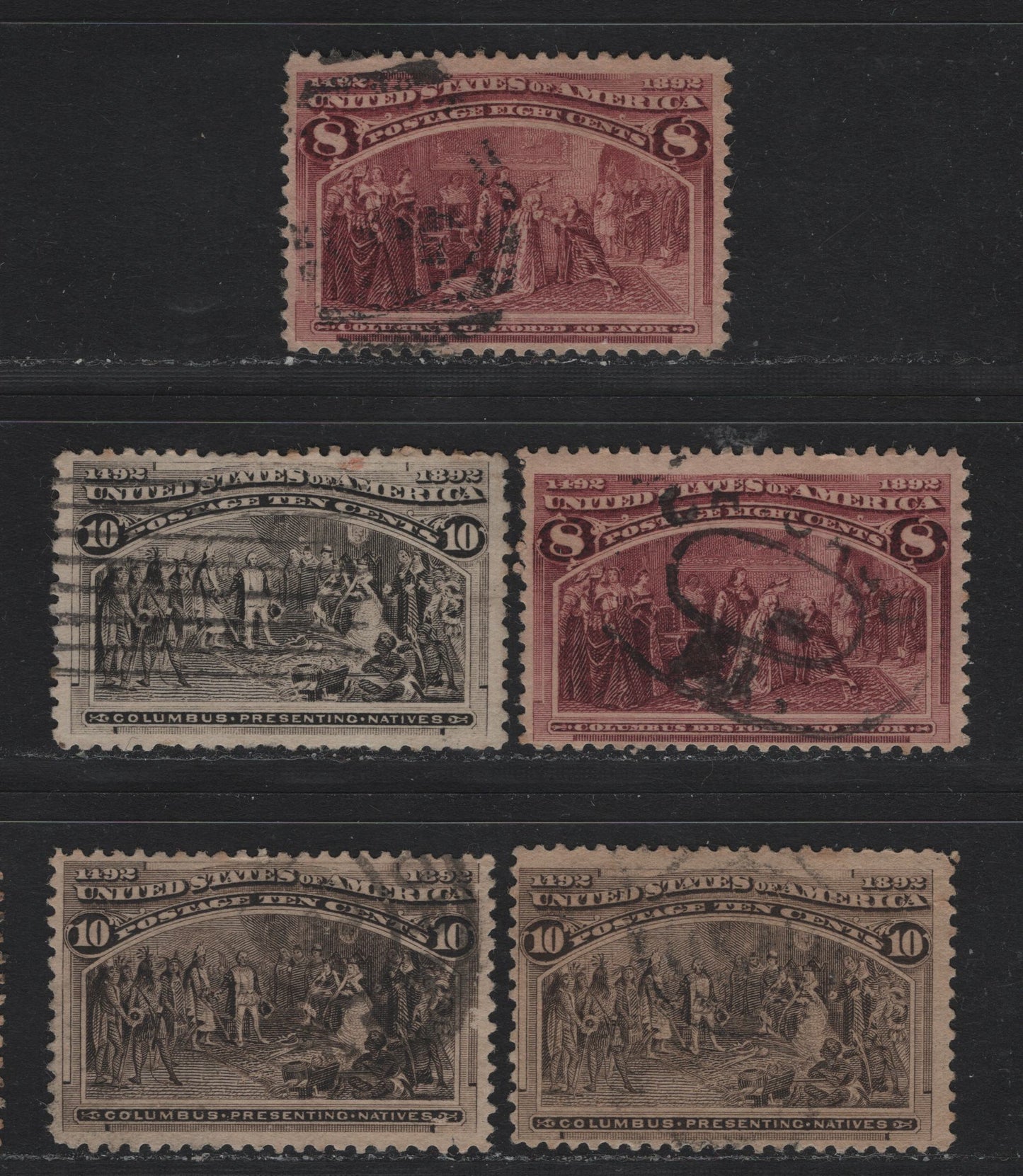 Lot 129 United States SC#236-237 8c - 10c Brown Purple - Brown Black , 1893 Columbian Exposition Issue, 5 Fine Used Singles, All On Horizontal Wove Paper, 2 Shades Of 8c Brown Purple & 10c Black Brown