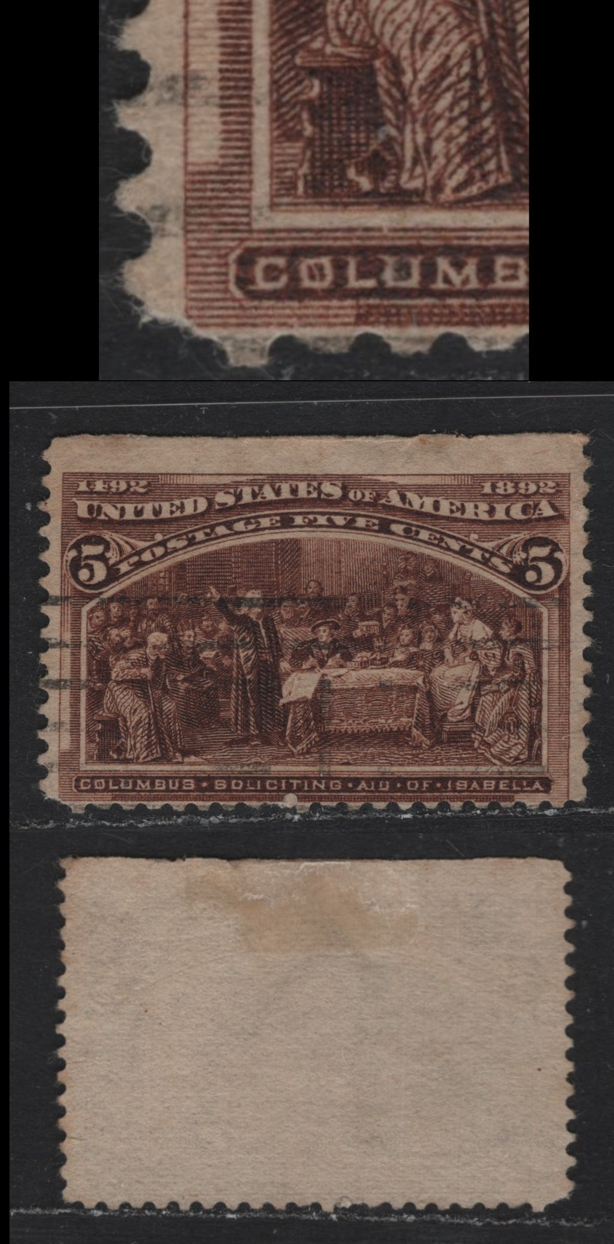 Lot 131 United States SC#234 5c Chocolate , 1893 Columbian Exposition Issue, A Fine Used Single, Horizontal Wove Paper With Scratch Through 'O' of Columbus