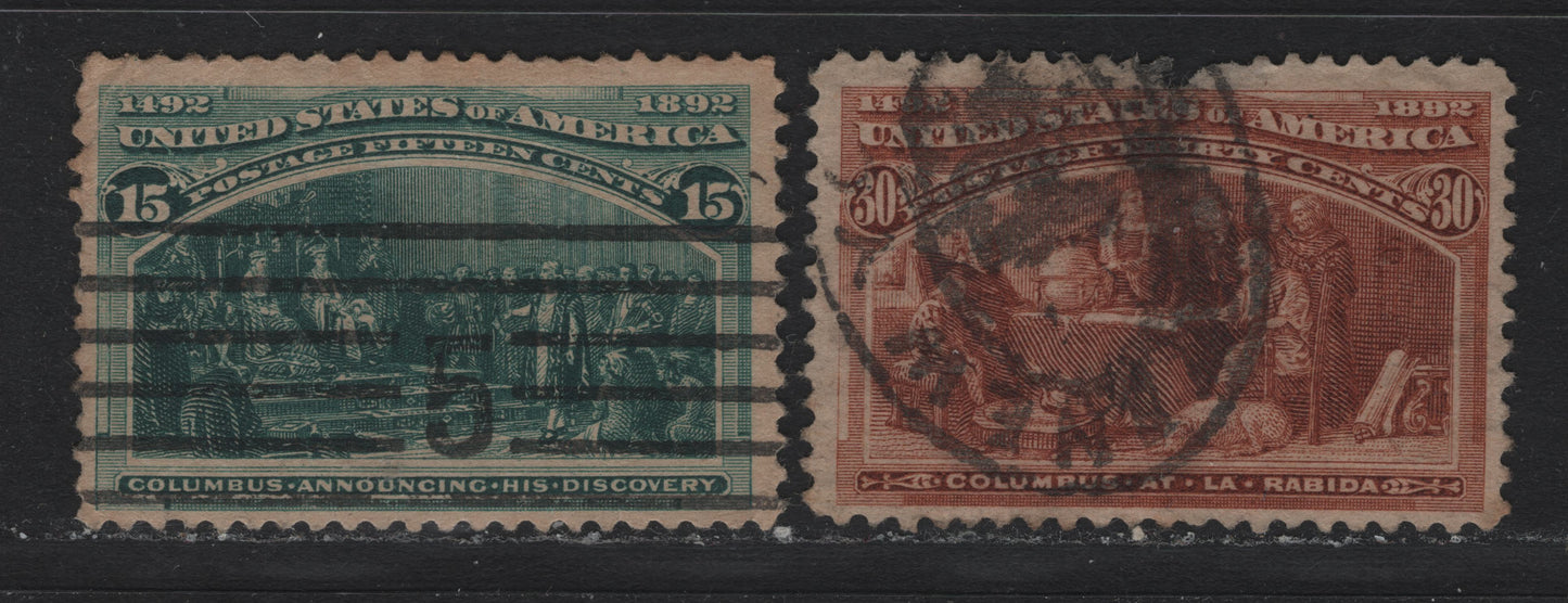 Lot 135 United States SC#238-239 15c - 30c Deep Blue Green - Orange Brown , 1893 Columbian Exposition Issue, 2 Ungraded Used Singles, Faulty, But Presentable Examples With Sever Thins
