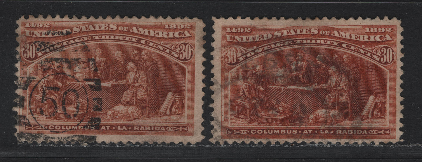 Lot 137 United States SC#239 30c Orange Brown - Deep Orange Brown , 1893 Columbian Exposition Issue, 2 Fine Used Singles, Horizontal Wove Paper