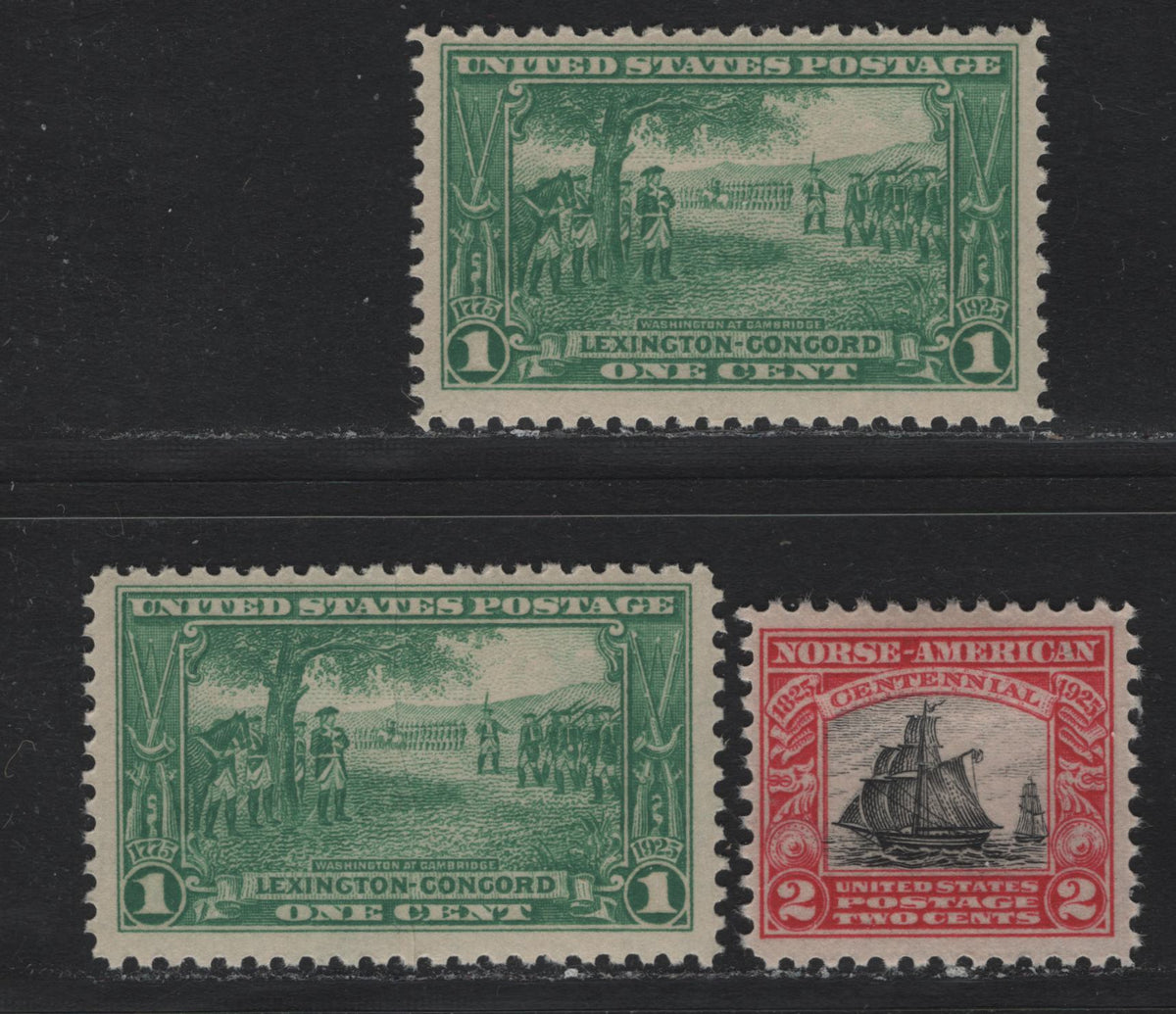 Lot 71 United States SC#617, 617var, 620 1c - 2c Green - Carmine & Black , 1925 Lexington Concorde - Norse American Issues, 3 FOG Singles, One Normal Stamp Of The 1c + A Single With Pre-Printing Paper Crease