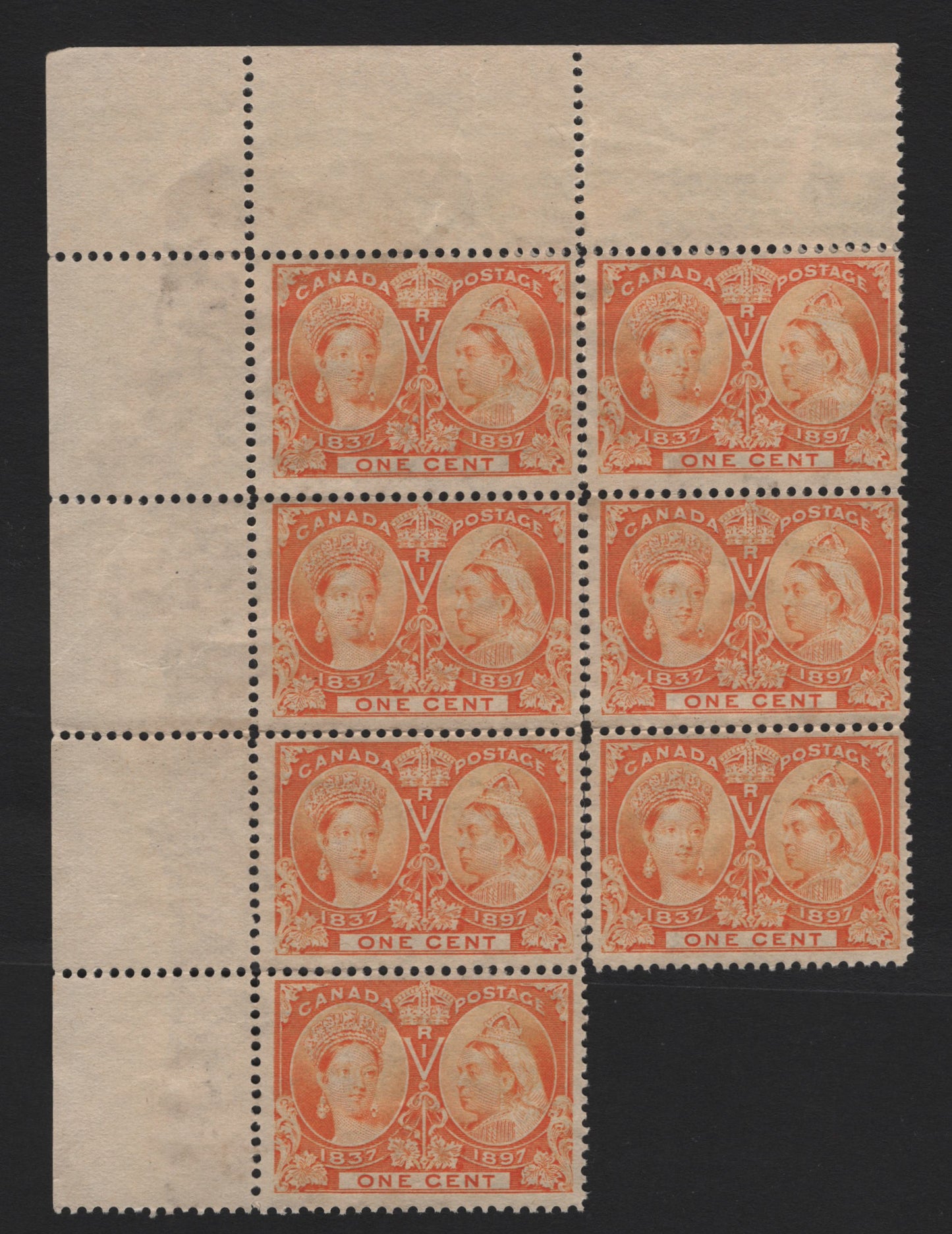Lot 16 Canada #51i 1c Orange Yellow , 1897 Diamond Jubilee Issue, A Fine Unused Upper Left Sheet Margin Block Of 7, Without Gum, Some Perf Separation Between The Two Columns, ABN-V Paper, Perf 11.9x11.8.