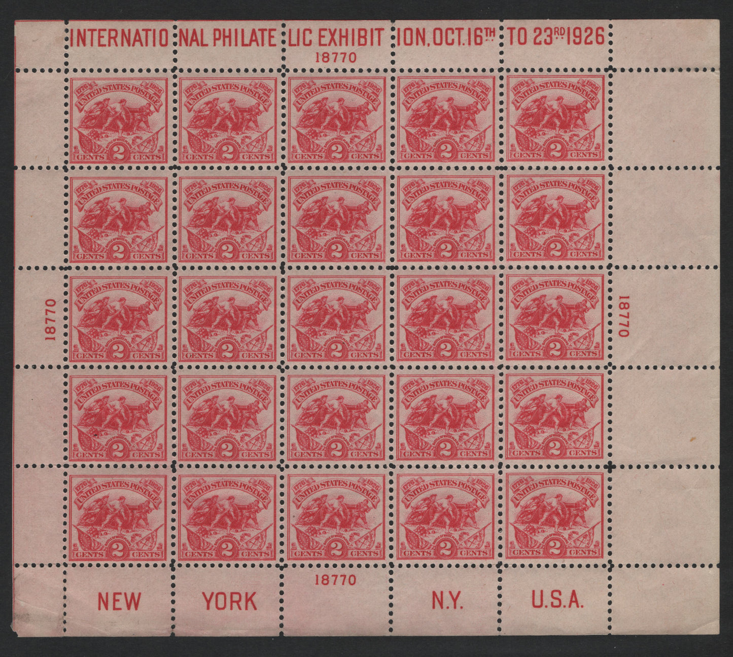 Lot 162 United States SC#630 2c Carmine Rose , 1926 White Plains International Philatelic Exhibition Issue, A FOG/NH Souvenir Sheet Of 25