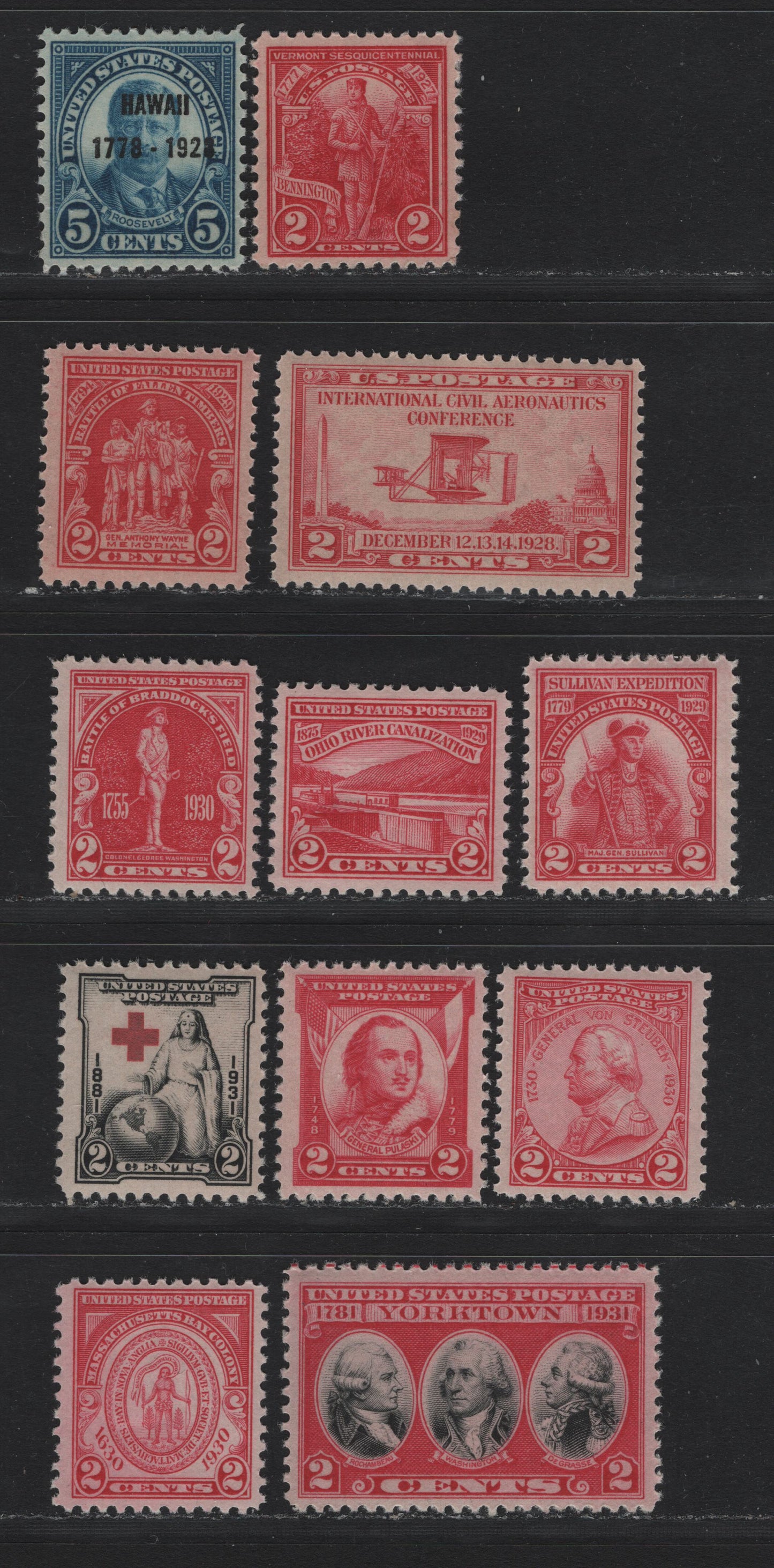 Lot 164 United States SC#643, 648-649, 657, 680-682, 688-690, 702-703 2c Carmine Rose - Carmine Rose & Black , 1927-1931 Vermont Sesquicentennial - Yorktown Issues, 12 F/VFNH Singles
