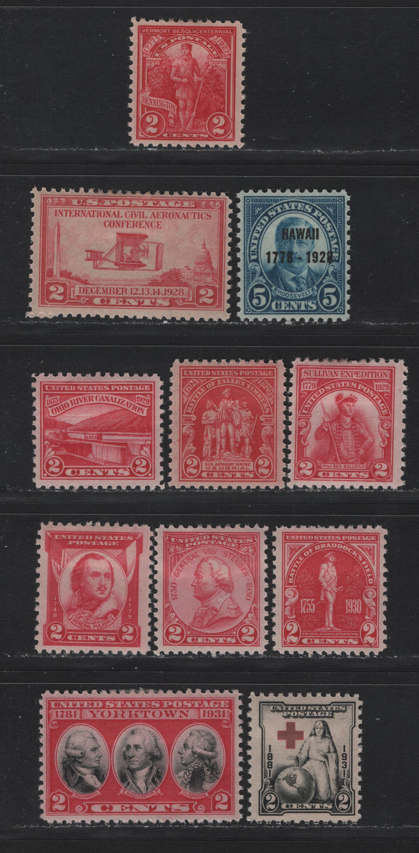 Lot 165 United States SC#643, 648-649, 657, 680-681, 688-690, 702-703 2c Carmine Rose - Carmine Rose & Black , 1927-1931 Vermont Sesquicentennial - Yorktown Issues, 11 VFOG Singles