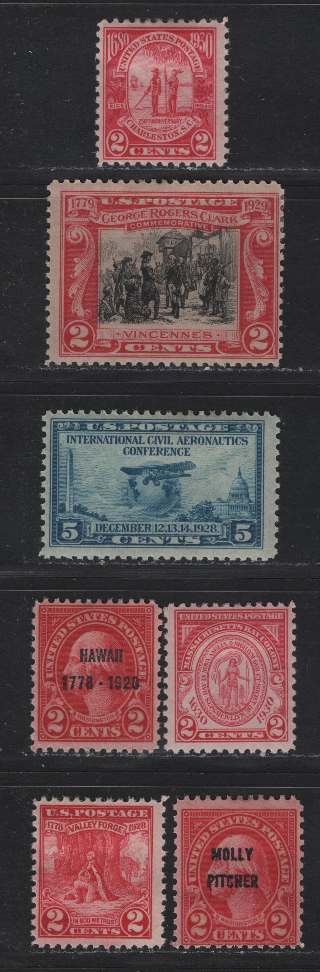 Lot 167 United States SC#645-647, 650-651, 683 2c Carmine - Carmine Rose , 1928-1930 Valleyforge - Carolina Charleston Issues, 7 FOG Singles, As Lot 166, But Hinged