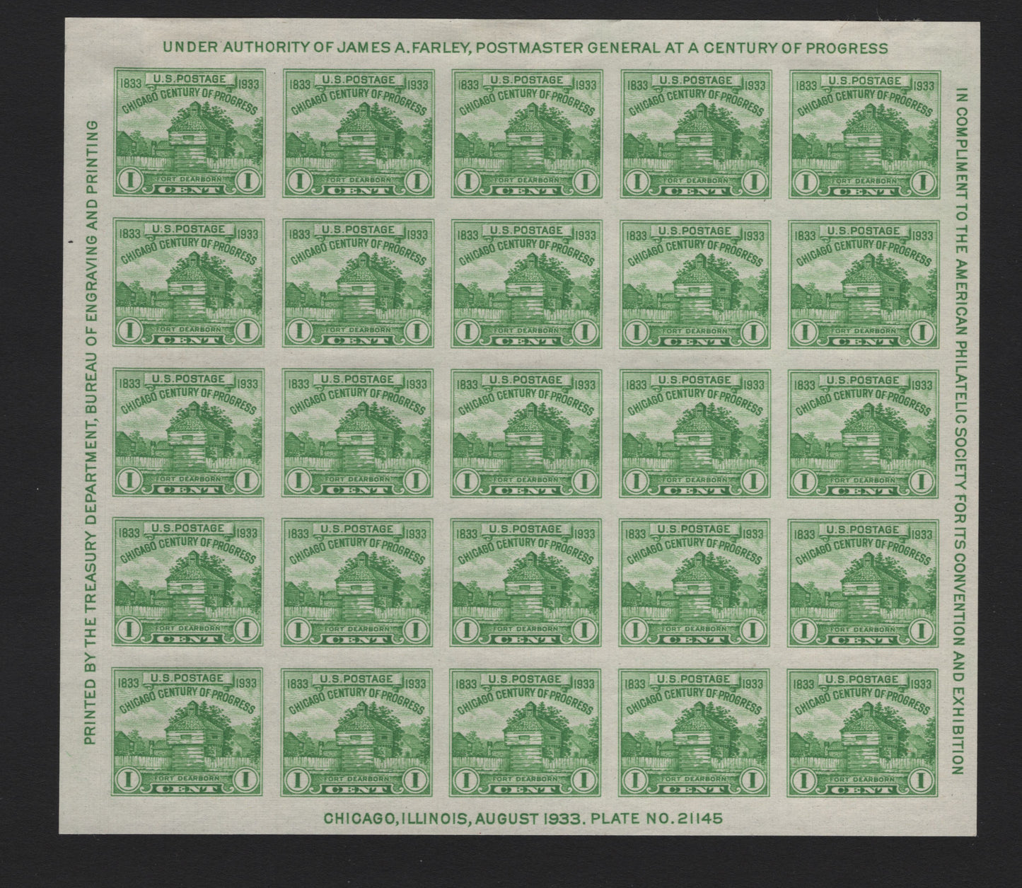 Lot 171 United States SC#730 1c Deep Yellow Green , 1933 American Philatelic Society Issue, A GEM Unused Souvenir Sheet Of 25