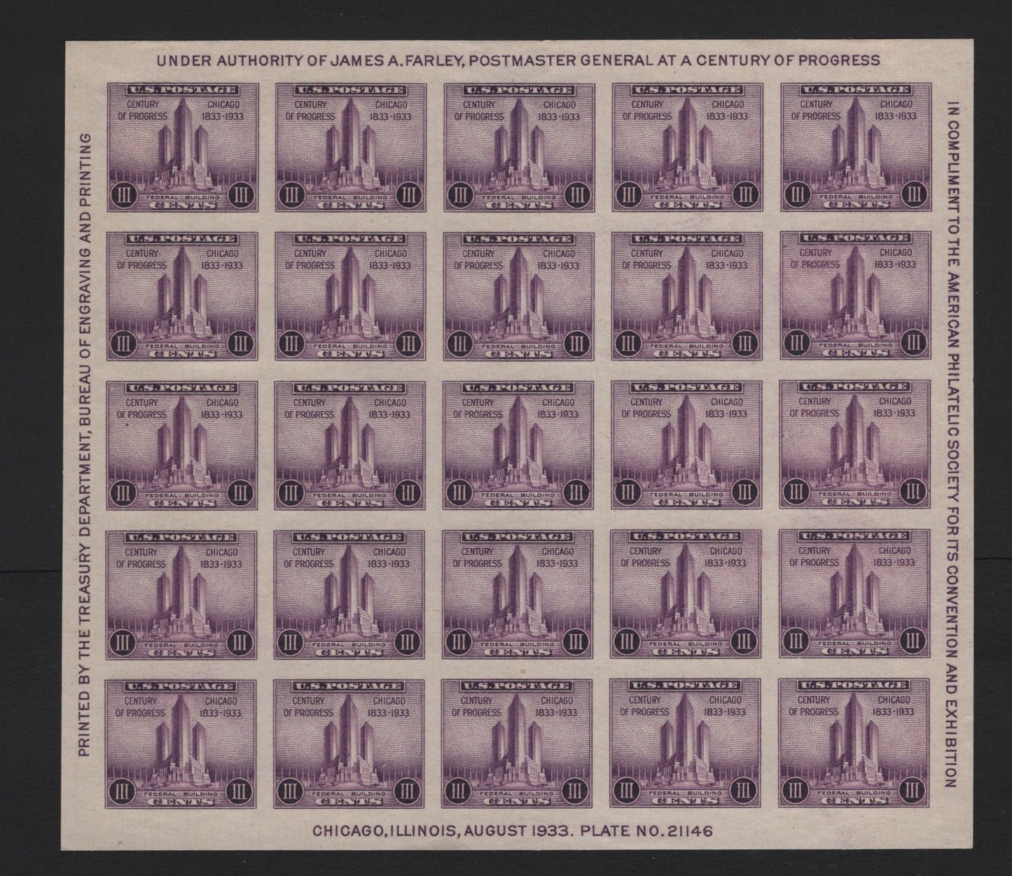 Lot 172 United States SC#731 3c Purple , 1933 American Philatelic Society Issue, A GEM Unused Pane Of 25