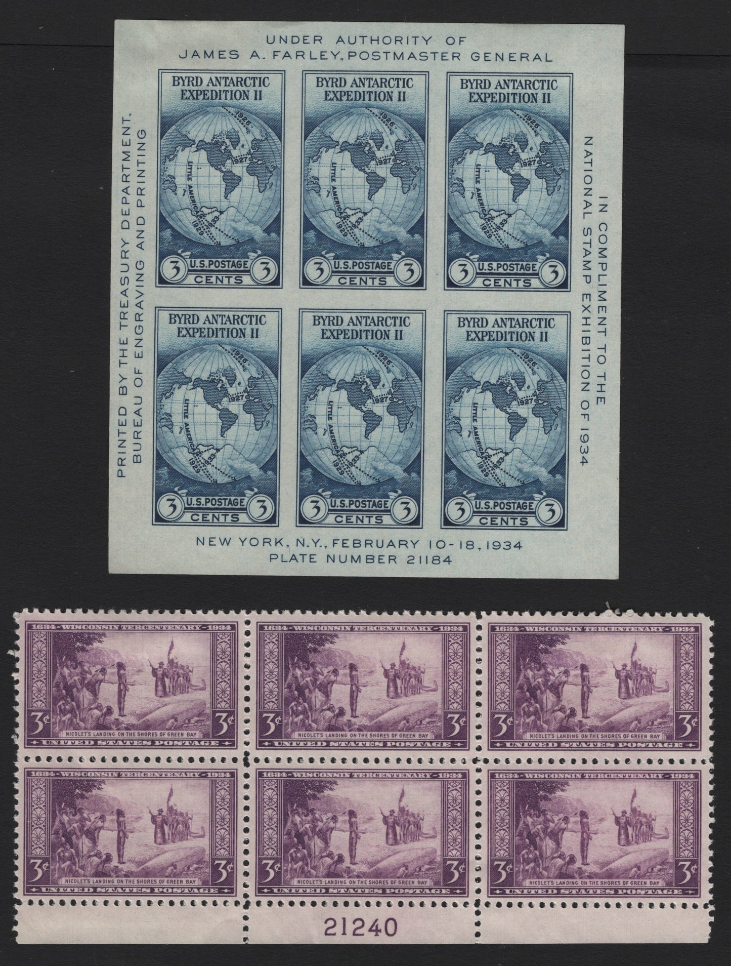 Lot 173 United States SC#735, 739 3c Dark Blue - Purple , 1934 National Stamp Exhibition - Wisconsin Tercentenary Issues, 2 GEM Unused & VFOG/NH Blocks Of 6, Plates 21 & 40, Hinged On top 2 Stamps, No Gum On 735 As Issued.
