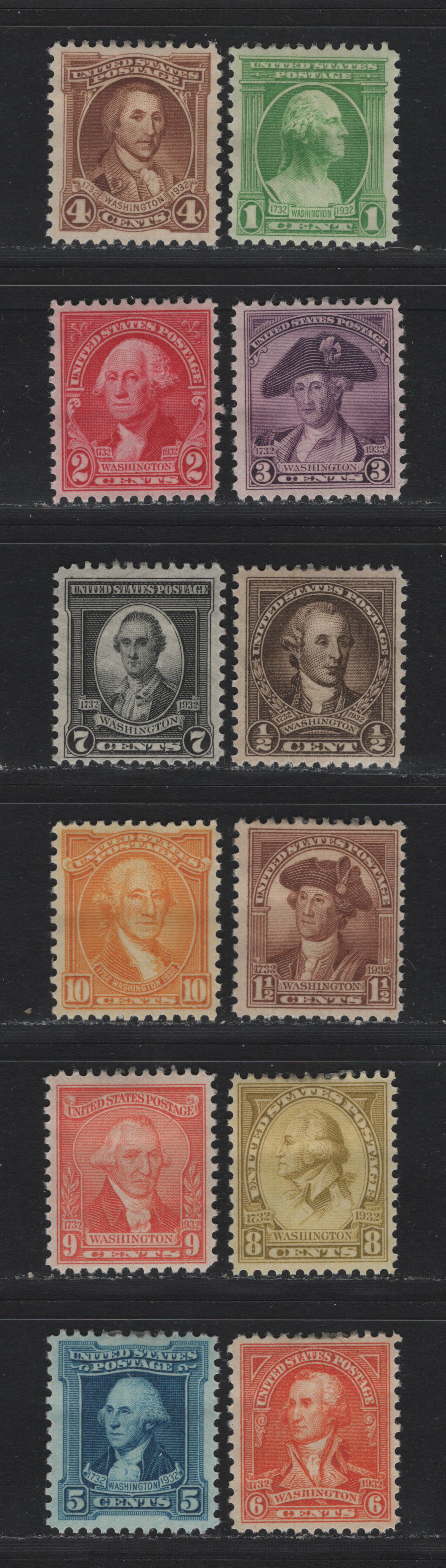 Lot 175 United States SC#704-715 1/2c - 10c Olive Brown - Orange Yellow, 1932 Washington Bicentennial Issue, 12 F/VFOG Singles, A Largely VF Hinged Mint Set, Only The 1.5c & 7c Are Fine