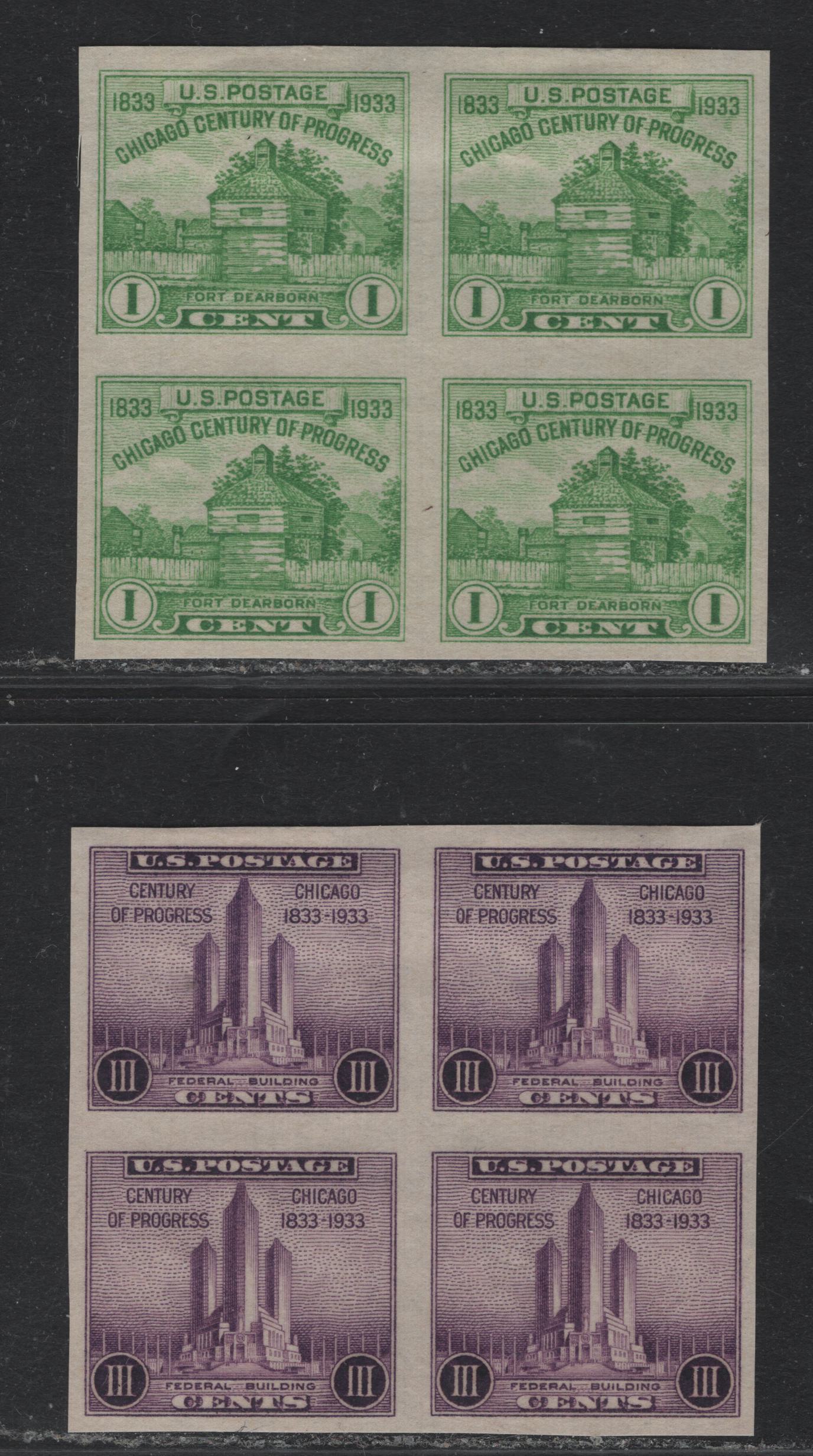 Lot 177 United States SC#730a-731a 1c - 3c Deep Yellow Green - Purple, 1933 American Philaetlic Society Issue, 2 Very Fine Unused Blocks Of 4, From Souvenir Sheets, No Gum As Issued