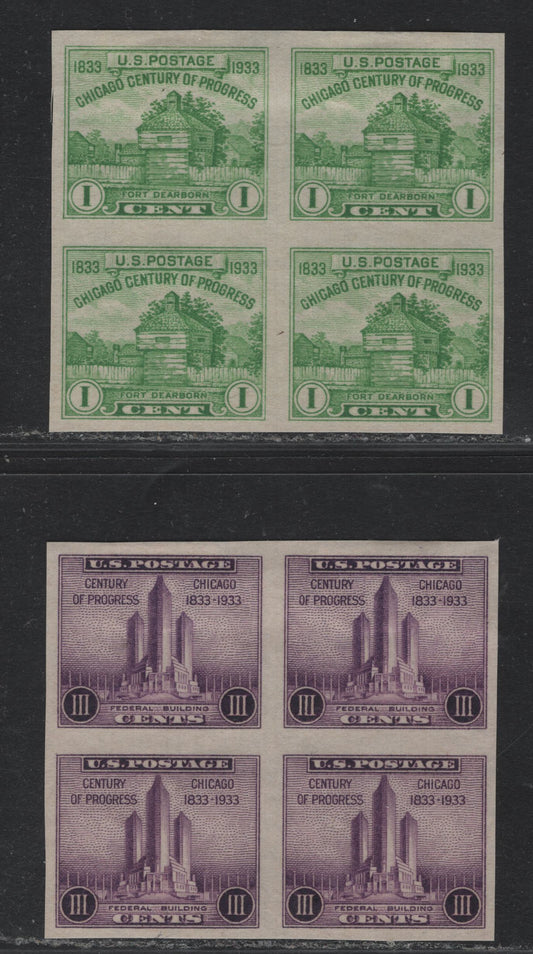 Lot 177 United States SC#730a-731a 1c - 3c Deep Yellow Green - Purple, 1933 American Philaetlic Society Issue, 2 Very Fine Unused Blocks Of 4, From Souvenir Sheets, No Gum As Issued