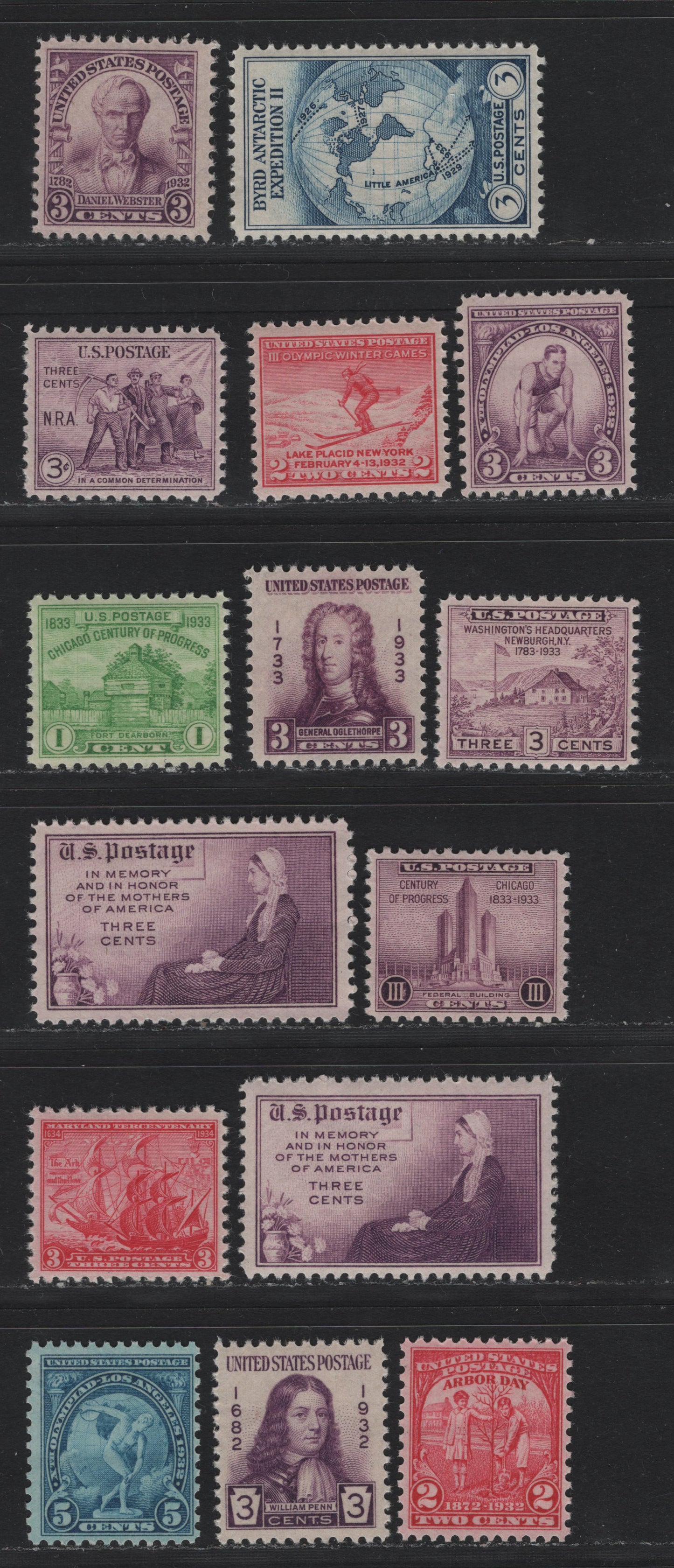 Lot 179 United States SC#716-719, 724-729, 732-733, 736-738 2c - 3c Carmine Rose - Purple, 1932-1934 Olympic Winter Games - Mothers of America Issues, 15 F/VFNH Singles, Mostly VFNH Group Of Better Centered Examples, 5c Blue LA Olympics Issue is Fine