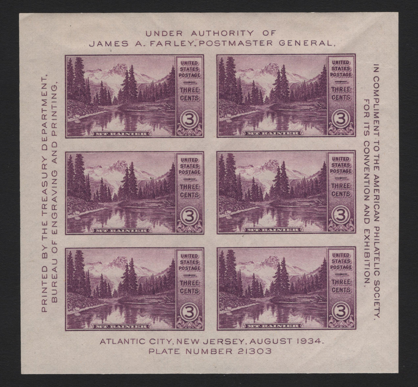Lot 186 United States SC#750 3c Purple, 1934 American Philaetlic Society Issue, A Superb OG Souvenir Sheet Of 6, Few Light Gum Bends