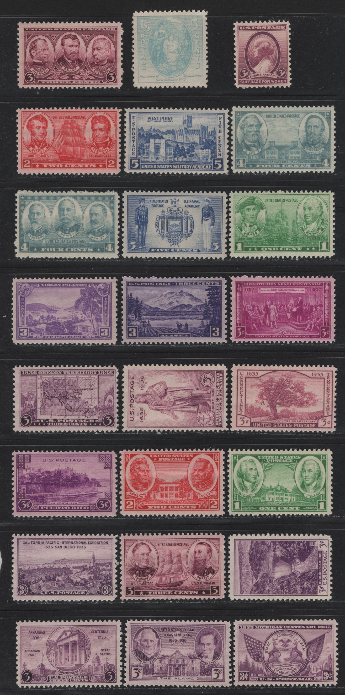 Lot 193 United States SC#772-777, 782-796, 798-802 3c Rose Purple - Rose Violet, 1935-1937 Connecticut Tercentenary - Territorial Issues, 24 F/VFNH Singles, As Lot 192, But 7 Are Fine Centered, 3c Navy (#792) Has A Veritcal Crease (Not Counted).