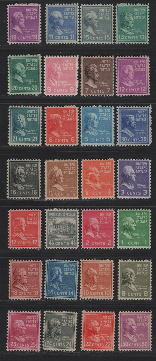 Lot 199 United States SC#803-807, 809-831 1/2c - 50c Orange - Mauve, 1938-1954 Presidental Issue, 28 F/VFNH Singles, Nearly Complete Short Set, Missing Only The 4c, 6c & 10c