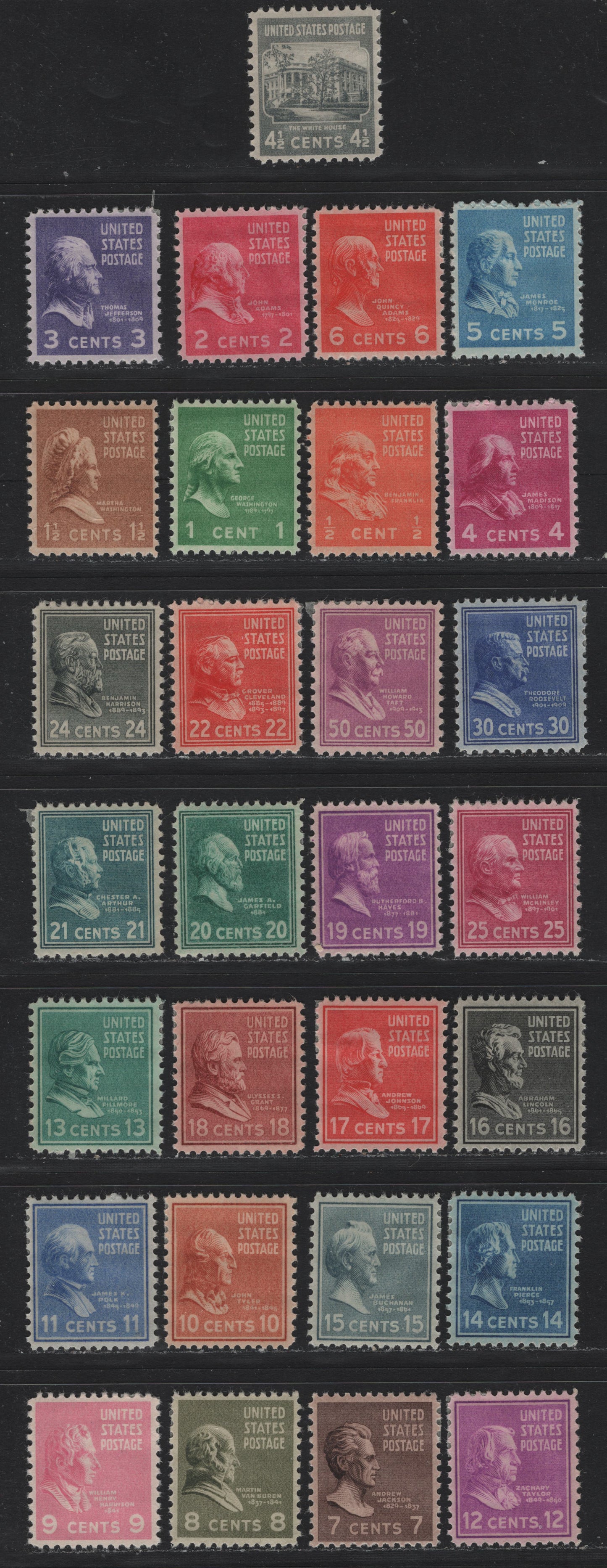 Lot 200 United States SC#803-831 1/2c - 50c Orange - Mauve, 1938-1954 Presidental Issue, 29 F/VFOG Singles, Complete Short Set