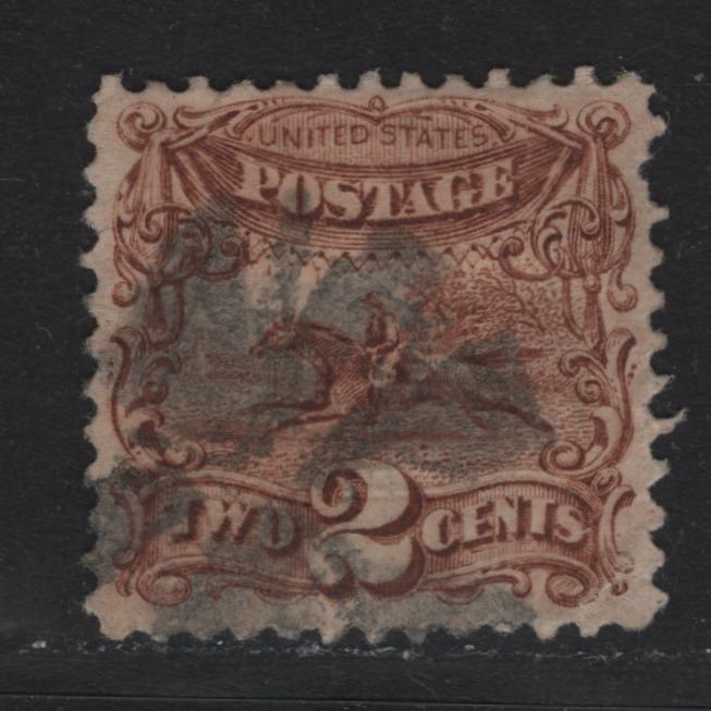 Lot 20 United States SC#113var 2c Bright Chocolate Brown , 1869 Presidents Issue, A Good Used Single, Full Grill Impression, Perf 11.9x12, Light Diagonal Crease & One Pulled Perf At UL.