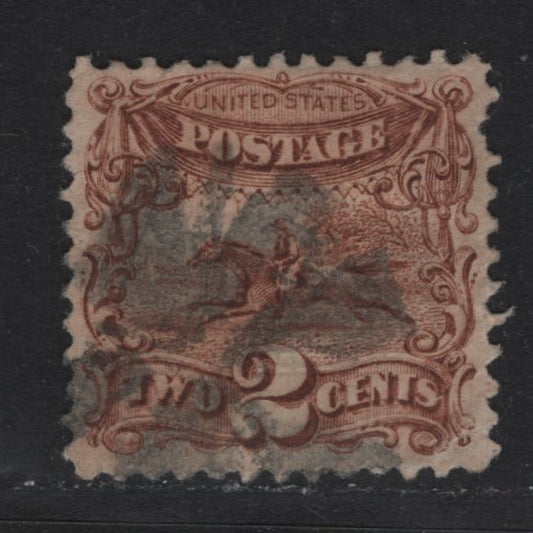 Lot 20 United States SC#113var 2c Bright Chocolate Brown , 1869 Presidents Issue, A Good Used Single, Full Grill Impression, Perf 11.9x12, Light Diagonal Crease & One Pulled Perf At UL.