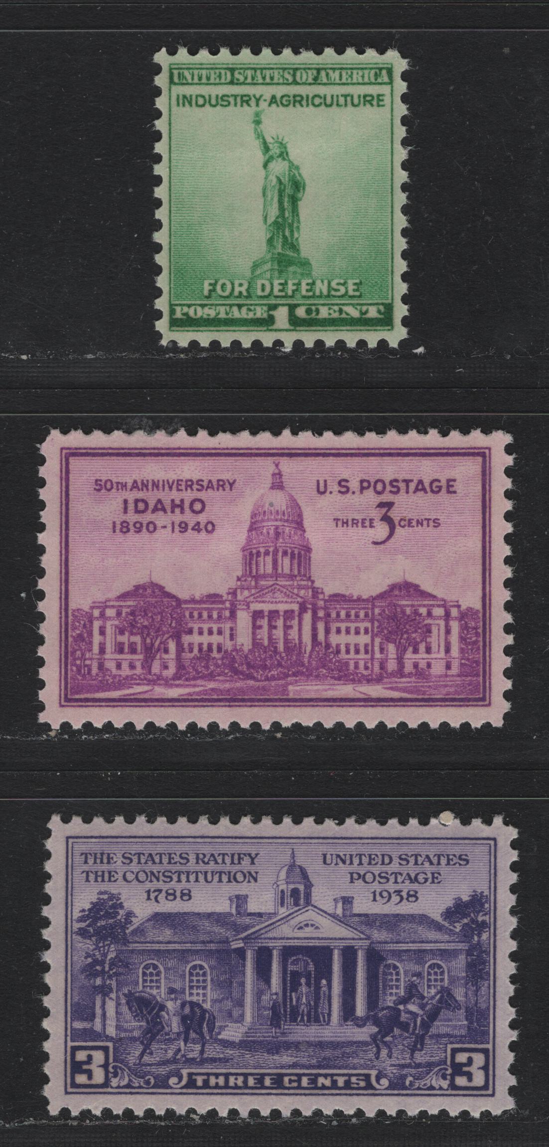 Lot 202 United States SC#835, 896,899 3c - 1c Deep Violet - Emerald Green, 1938-1940 Constitution Ratification - National Defence Issue, 3 XFOG Singles, Nearly Perfectly Centered Hinged Examples