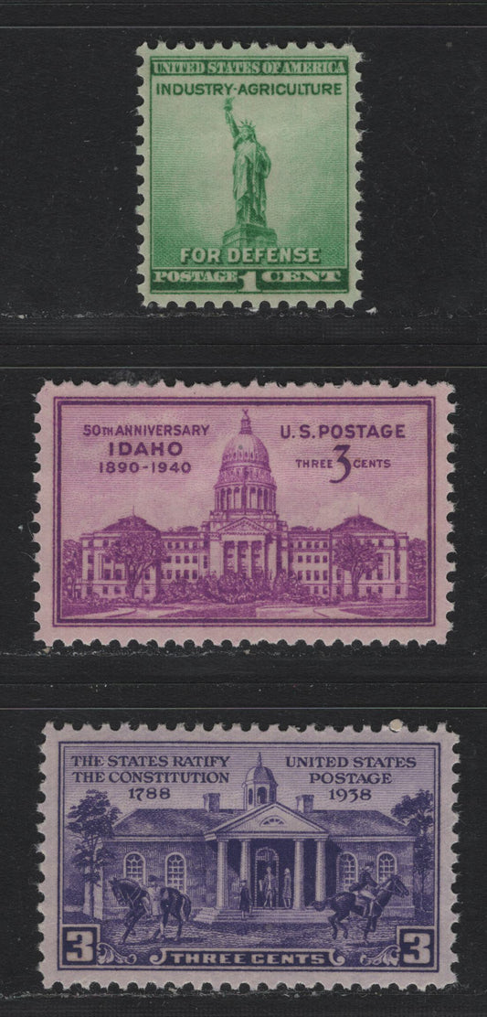 Lot 202 United States SC#835, 896,899 3c - 1c Deep Violet - Emerald Green, 1938-1940 Constitution Ratification - National Defence Issue, 3 XFOG Singles, Nearly Perfectly Centered Hinged Examples