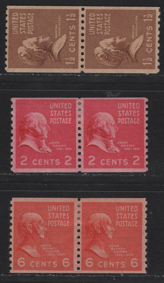 Lot 204 United States SC#841, 846, 849 2c - 6c Rose Carmine - Red Orange, 1938 Presidental Issues, 3 VFOG Coil Pairs, Large Perforation Holes