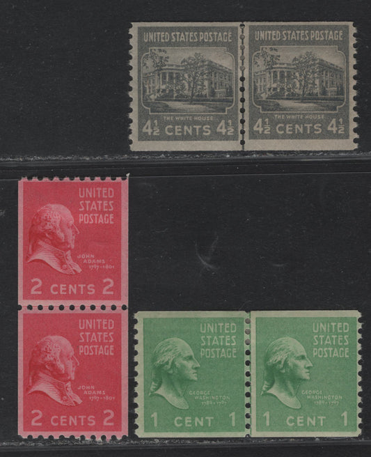 Lot 206 United States SC#839, 844, 850 1c - 4.5c Green - Dark Gray, 1938 Presidental Issue, 3 VFOG/NH Coil Singles, Perf 10 Vertical & Horizontally, Large Holes