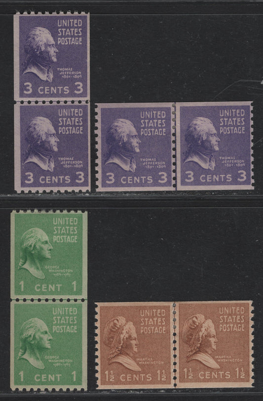 Lot 207 United States SC#840var, 842var, 848var, 851var 1.5c - 1c Bistre Brown - Green, 1938 Presidental Issue, 4 VFOG/NH Joint Line Pairs, Perf 10 Vertical & Horizontally, Small Perf Holes