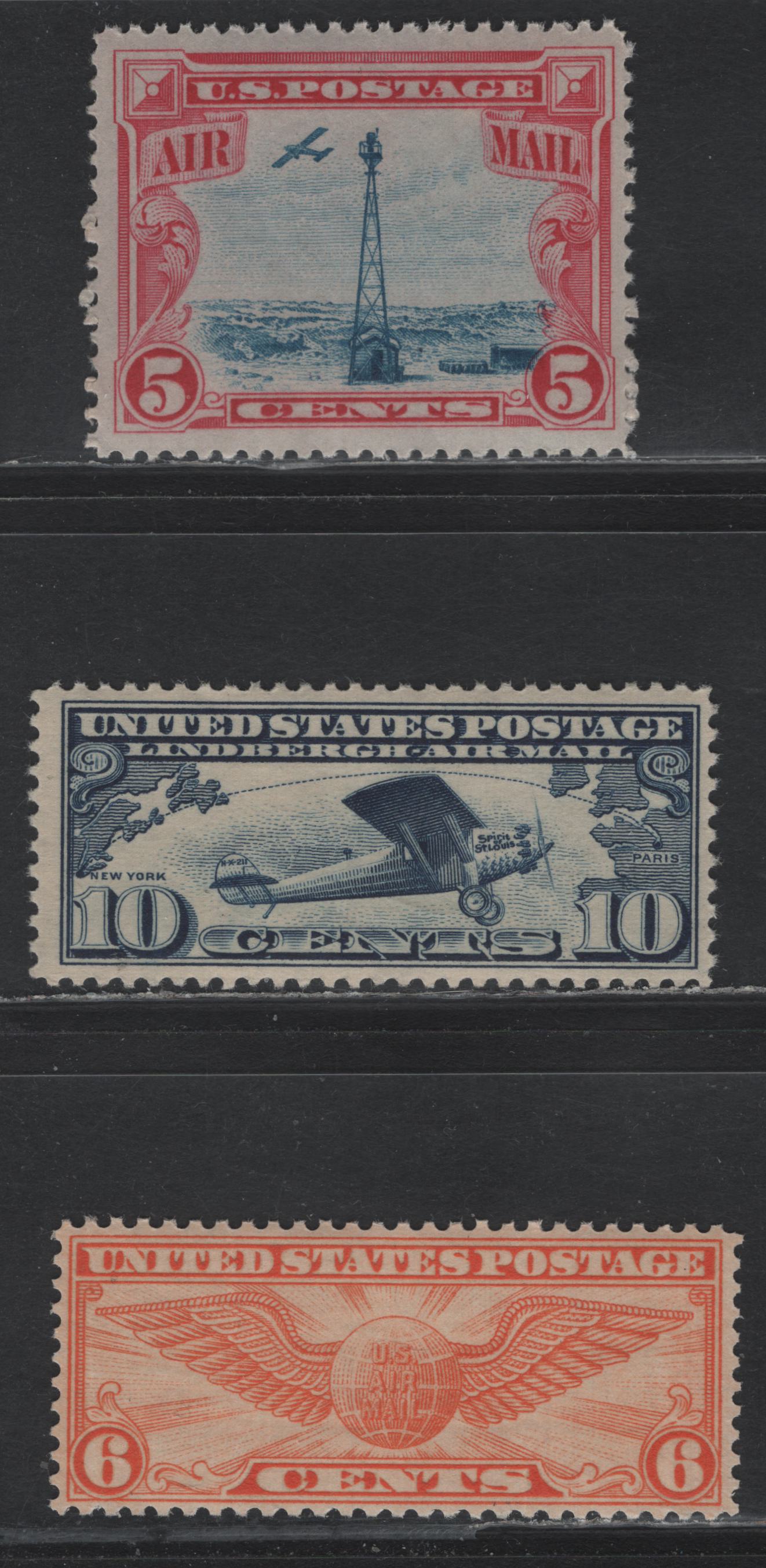 Lot 210 United States SC#C10-C11, C19 10c - 6c Dark Blue - Dull Orange, 1927 Lindbergh Airmail - Winged Globe Airmail Issues, 3 F/VFNH Singles