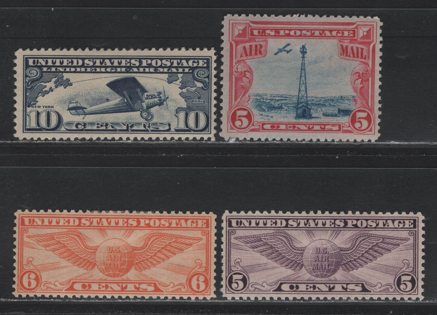 Lot 212 United States SC#C10-C11, C16-C19 10c - 6c Dark Blue - Dull Orange, 1927 - 1934 Lindbergh Airmail - Winged Globe Airmail Issues, 6 F/VFOG Singles