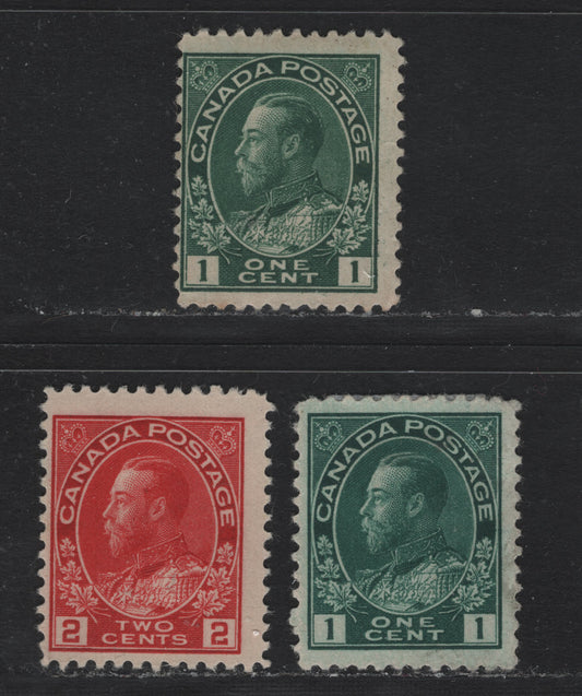 Lot 219 Canada #104,b, 106 1c - 2c Dark Green - Bright Carmine Red, 1911-1925 KGV Admiral Issue, 3 Fine/Very Fine Unused Singles, ABN-A, ABN-B & ABN-E (2c) Papers, Retouched Framelines