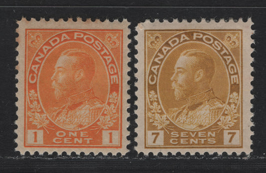 Lot 220 Canada #105, 113 1c - 7c Orange Yellow - Yellow Ochre, 1911-1925 KGV Admiral Issue, 2 F/VFOG Singles, 1c Die 1, Wet Printing, Retouched Frameline, Normal Frameline, ABN-E Papers.