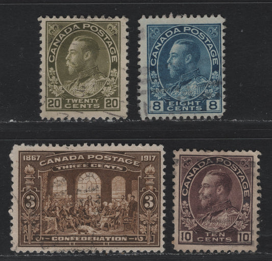 Lot 224 Canada #115-116, 119, 135 8c - 3c Blue - Brown, 1911-1925 KGV Admiral - 50th Anniv of Confederation Issues, 4 Fine/Very Fine Used Singles, Dry Printing, Unchecked With Regard To Specific Paper Types