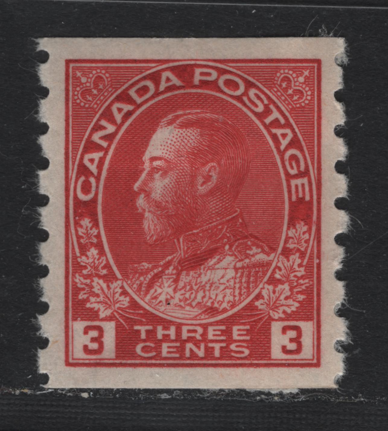 Lot 226 Canada #130b 3c Carmine Red, 1912-1924 KGV Admiral Coil Issue, A VFOG Single, Die 2, Dry Printing, ABN-I Paper, Some Adhesion On The Gum.