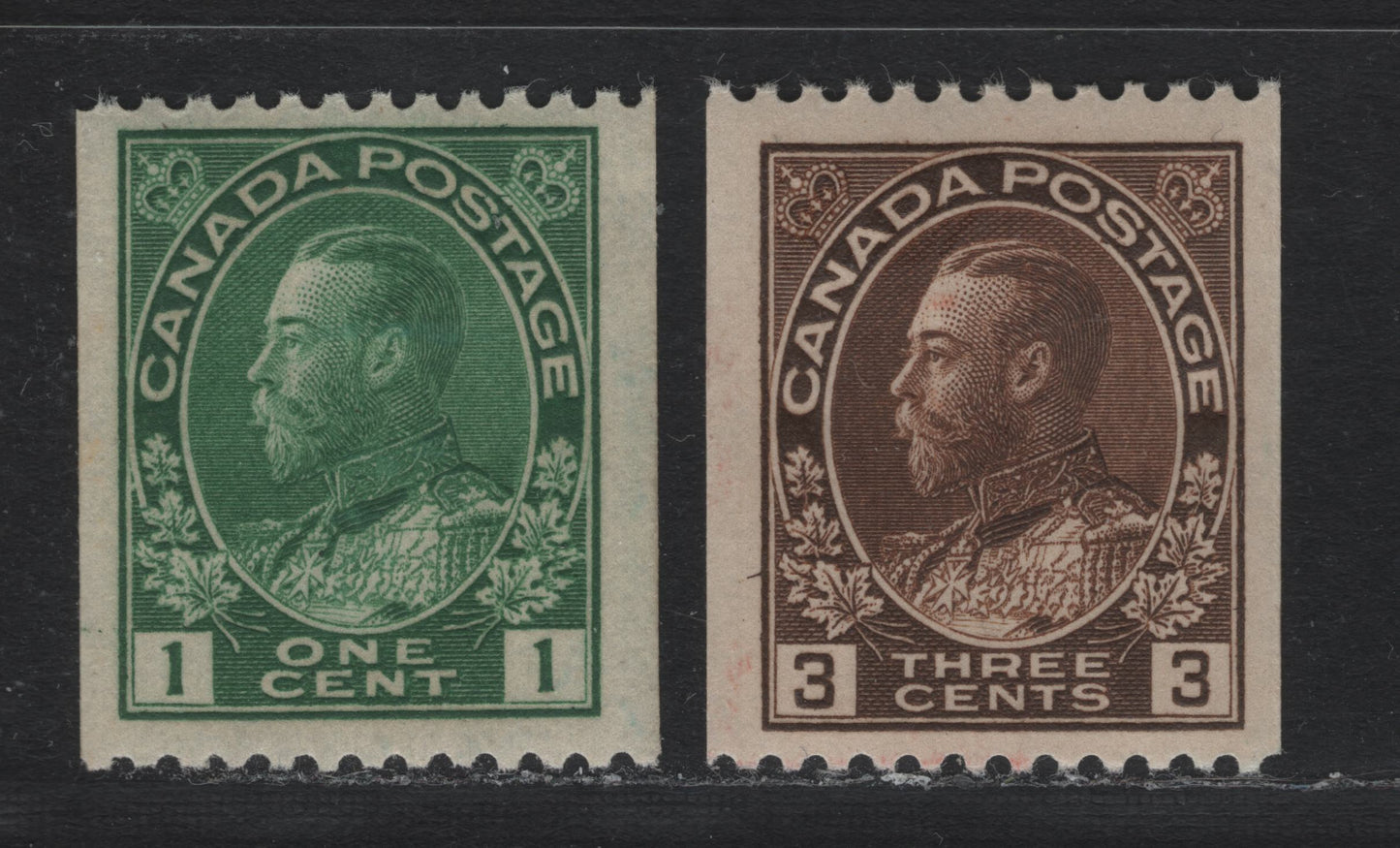 Lot 227 Canada #131, 134 1c - 3c Dark Yellow Green - Dark Brown, 1915-1924 KGV Admiral Coil Issue, 2 VFOG Singles, ABN-B & ABN-E Papers, Perf 12 Horizontal, Retouched Frameline.
